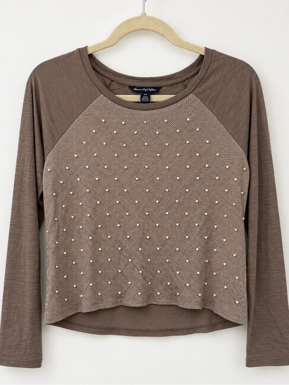 American Eagle Pearl Embellished Taupe Long Sleeve Top M
